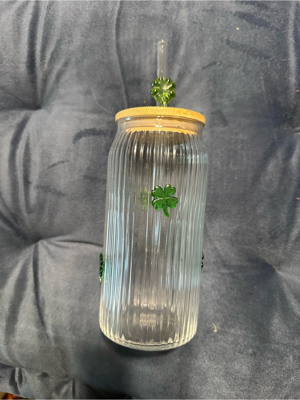 Ribbed Glass Tumbler with Green Clover Accents